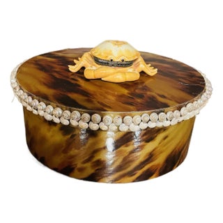 Vintage Tortoiseshell Oval Paper Box With Sea Shells and Crab Pill Box For Sale