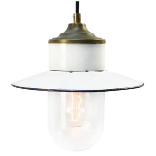 Vintage Industrial White Enamel, Brass, Porcelain & Clear Glass Pendant Light For Sale
