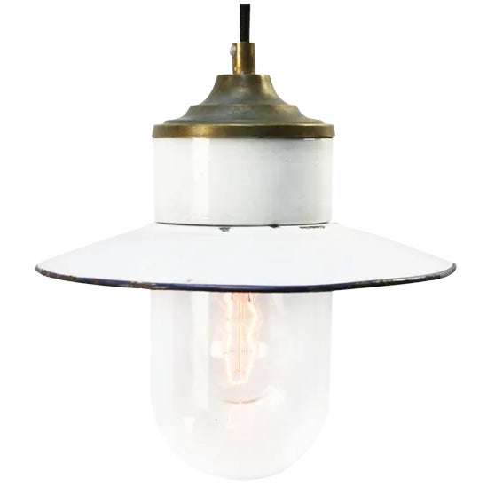 Vintage Industrial White Enamel, Brass, Porcelain & Clear Glass Pendant Light For Sale
