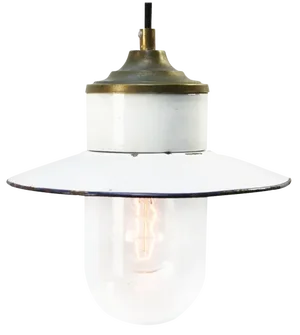 Vintage Industrial White Enamel, Brass, Porcelain & Clear Glass Pendant Light