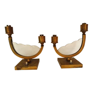 1950's French Modernist Gilt Bronze Bed Side Table Lamps Style Leleu a - Pair