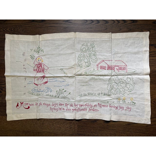 Charming Swedish Hand Embroidered Wall Hanging or Dresser Scarf embroidered on a high quality linen. Translated from...