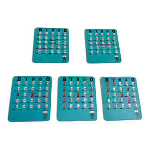 Vintage 1950s Bingo King Pla-Mor Sliding Window Bingo Card Set - 5 Pieces