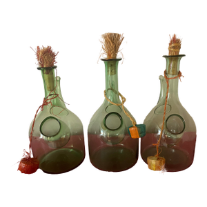 Vintage Trio of Italian Hand Blown Green Glass Wine Decanters With Ice Chamber Raffia Stoppers