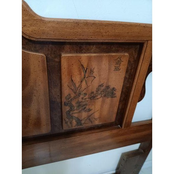 Brown Vintage Asian Inspired Queen Size Wooden Headboard Dark Wood Tone For Sale - Image 8 of 9