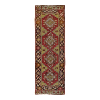 Antique Turkish Oushak Runner, Handmade Oriental Rug Coral. Brown, Yellow, Beige For Sale