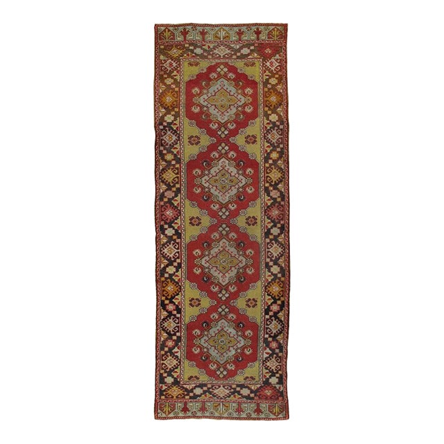 Antique Turkish Oushak Runner, Handmade Oriental Rug Coral. Brown, Yellow, Beige For Sale