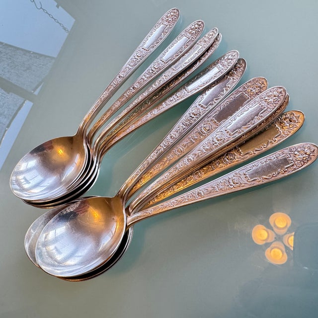 1930s Art Deco Bowl Soup Spoons (Gumbo) Mildred Silverplate, C1936 by National Silver Co 12 Pc Pruistine For Sale - Image 9 of 16