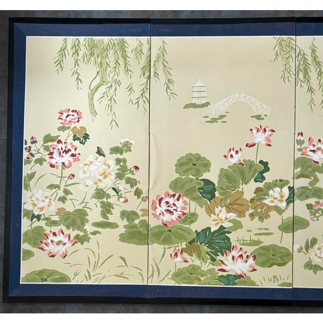 Japanese Antique Japanese Byobu Four-Panel “Lotus and Heron” Folding Screen For Sale - Image 3 of 12