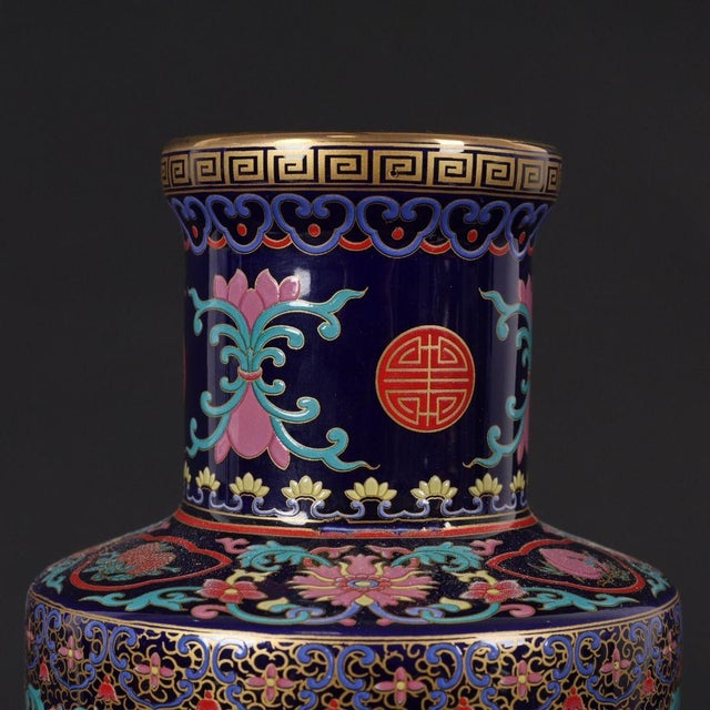 Blue Dark Blue Ground Famille Rose Shou Symbol Floral Rouleau Vase, Chinoiserie Decor Vessel For Sale - Image 8 of 9