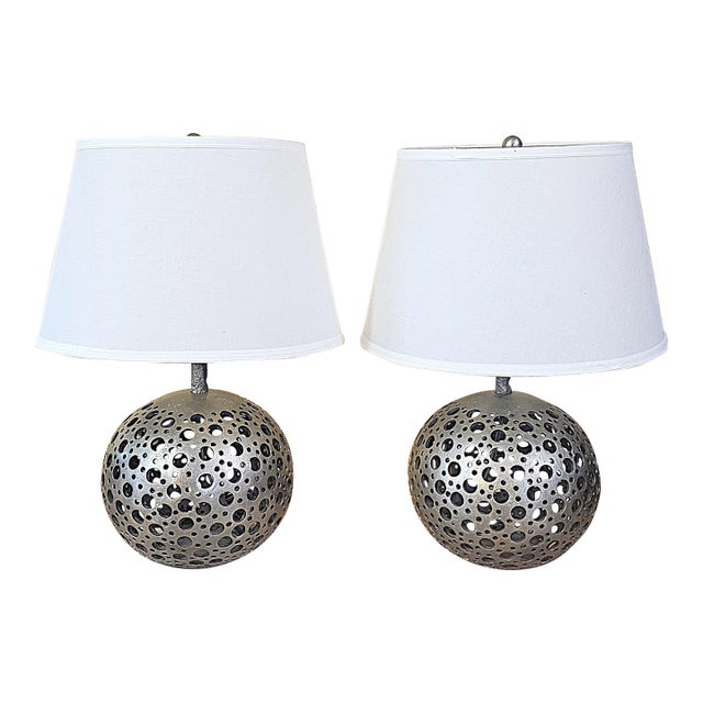 Pair of Pierced Pewter Globe Table Lamps With Shades For Sale