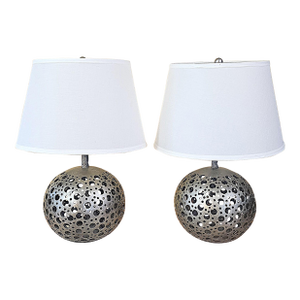 Pair of Pierced Pewter Globe Table Lamps With Shades