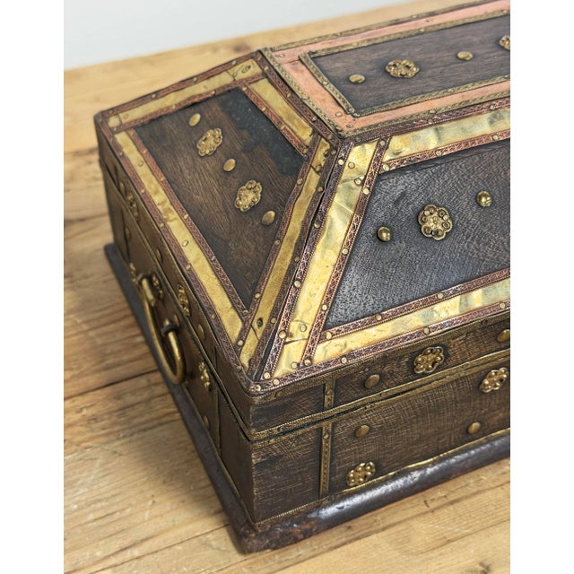 Brown Vintage Wooden Hinged Box W Metalwork Detail For Sale - Image 8 of 10