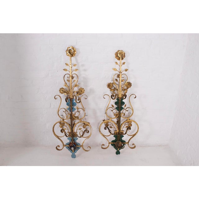 Metal Gilt Wrought Iron Wall Sconces, 1970s, Set of 2 For Sale - Image 7 of 8
