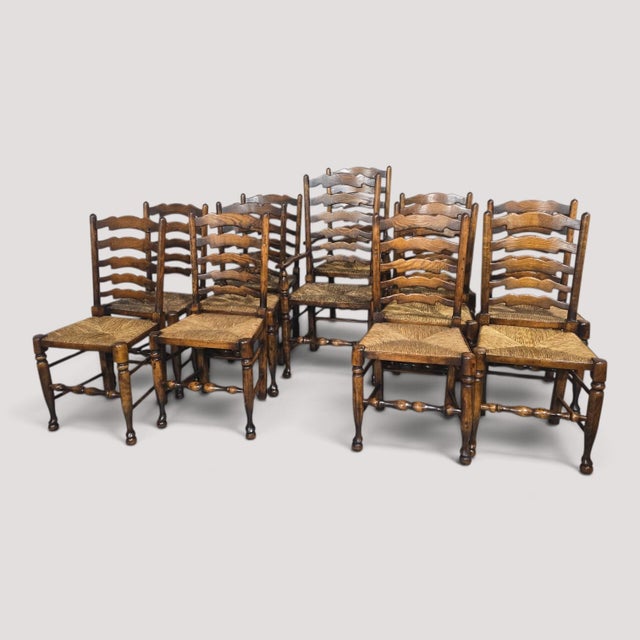 Vintage Lancashire Oak Dining Chairs with Ladder Back, 1920, Set of 12 For Sale - Image 16 of 16