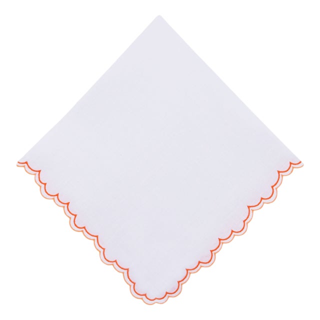 Escamas Orange Embroidered Linen Napkin by Los Encajeros For Sale