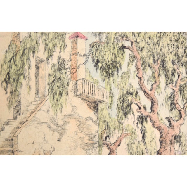 Paper Corkscrew Willows With Stairs - Hand Colored Drypoint Etching California Adobe by Orpha Klinker For Sale - Image 7 of 9