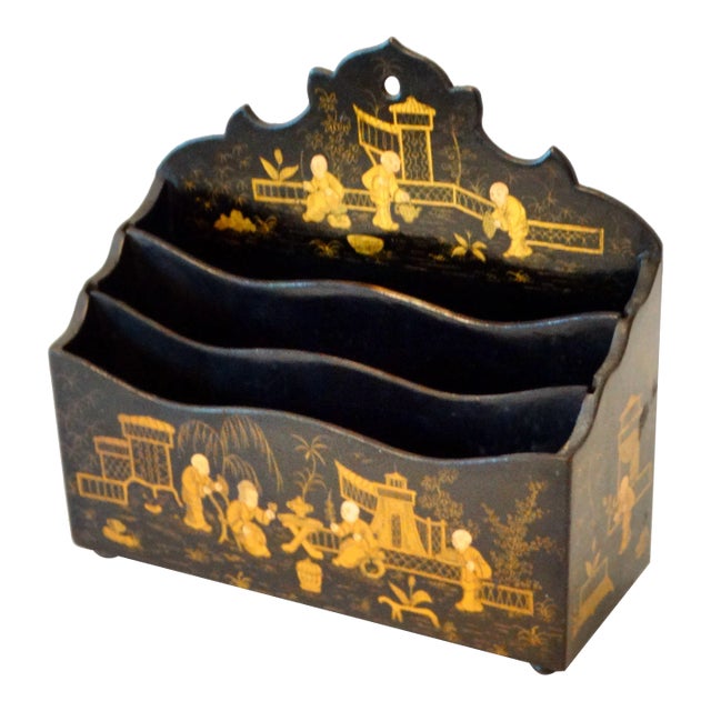 Antique English Chinoiserie Papier Mache Letter Rack For Sale
