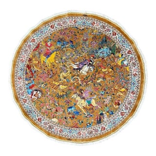Exquisite Silk Round Rug With Imperial Hunting Scene Carpet For Sale