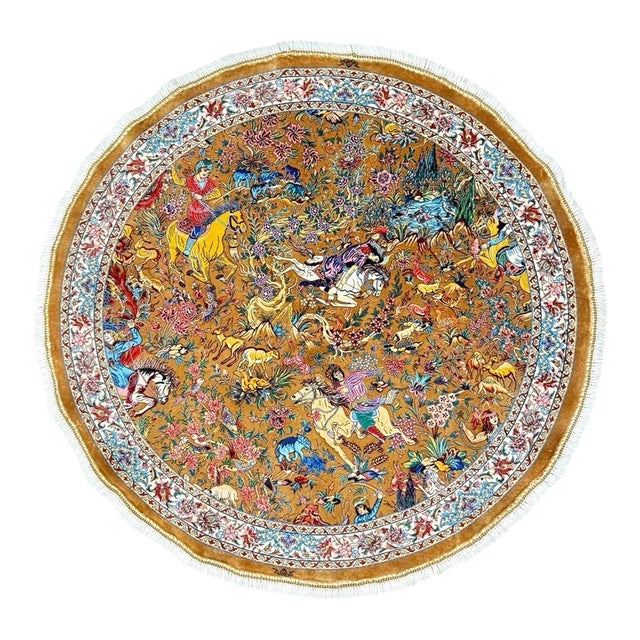 Exquisite Silk Round Rug With Imperial Hunting Scene Carpet For Sale