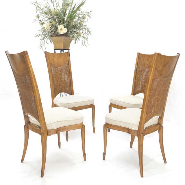 Set 4 Burl Wood Cane Back NEW Upholstery Dining Chairs Mid Century Modern MINT! For Sale - Image 13 of 15