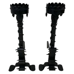 Early 20th Century Large Wrought Iron Tudor Style Andirons - a Pair