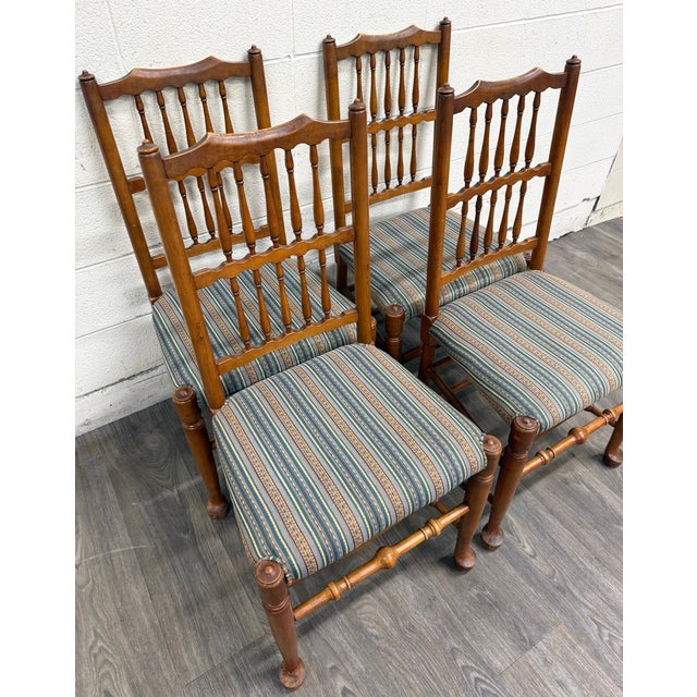 Late 20th Century Vintage Colonial Style Spindle Back Upholstered Dining Chairs - Set of 4 For Sale - Image 5 of 13
