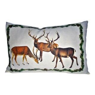 Reindeer Gathering White Linen Lumbar Pillow For Sale