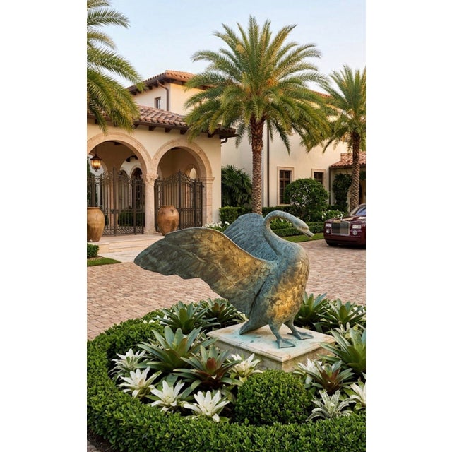 Large-Scale Verdigris Bronze Swan Garden Sculpture For Sale - Image 11 of 12
