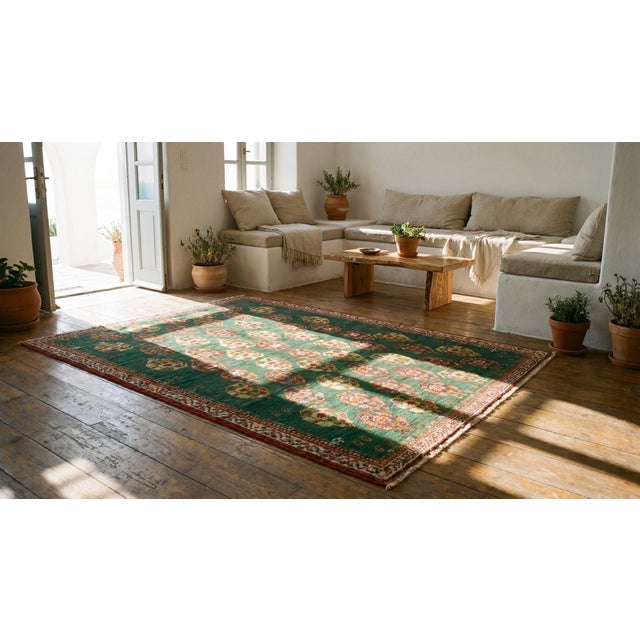 Green 1930s Green Geometric Tribal Antique Indian Agra Rug 5'10" X 8'6" Hand Knotted Wool Carpet For Sale - Image 8 of 8