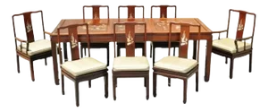 Vintage Chinese Harwood Chinoiserie Dining Room Set Table 8 Chairs - 9 Pc Set