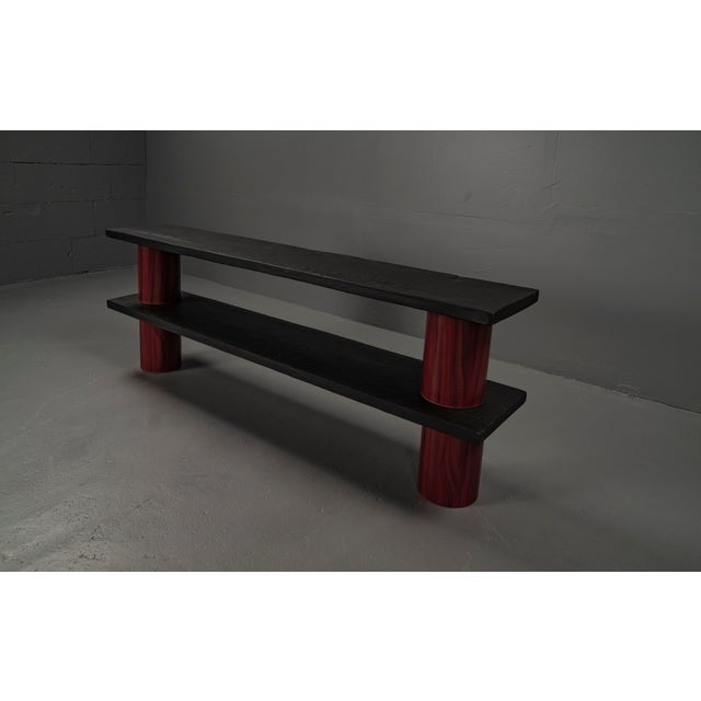 Wood Stoa Tables and Shelf with Slate Tops, 1980s, Set of 3 For Sale - Image 7 of 18