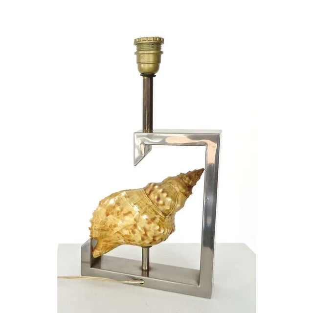 Metal 1970s French Table Lamp with Real Seashell Surrounded by Nickel Chrome Frame For Sale - Image 7 of 10