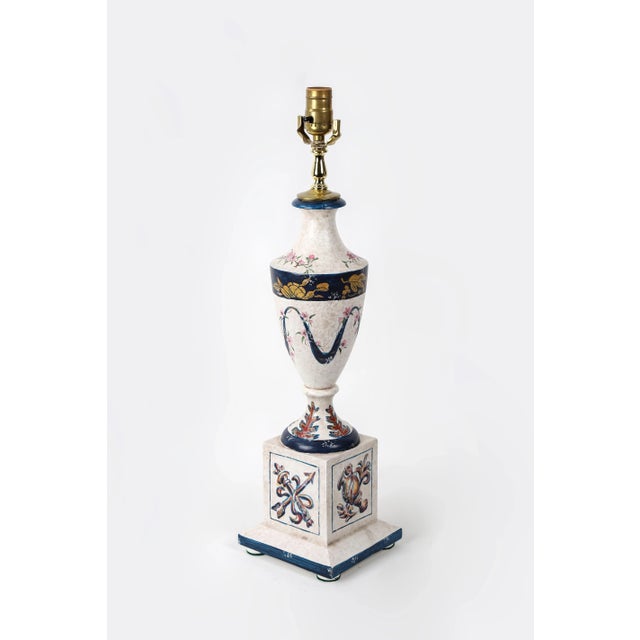 Art Deco Vintage White and Blue Hand Painted Wooden Urn Table Lamp For Sale - Image 3 of 9
