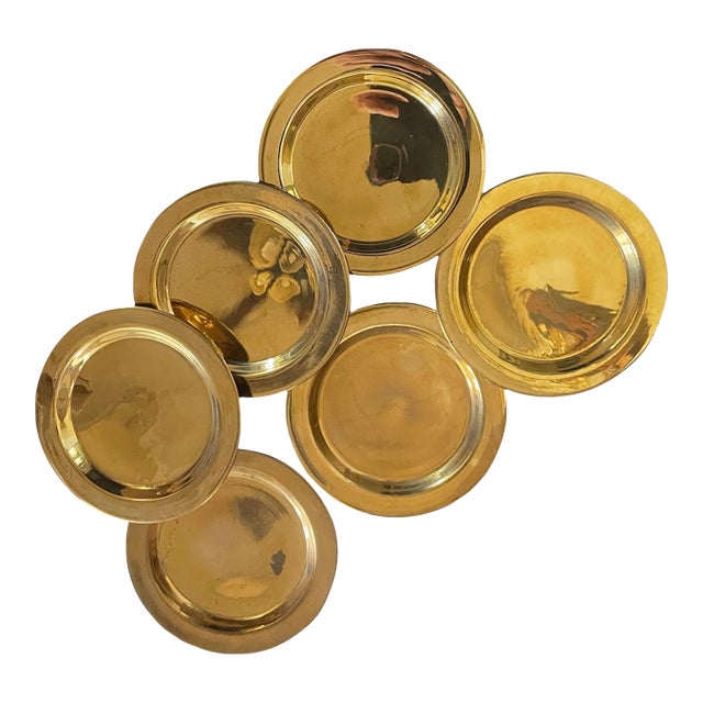 Mid 20th Century Midcentury Polished Brass Coasters 5" Diameter - Set of 6 For Sale