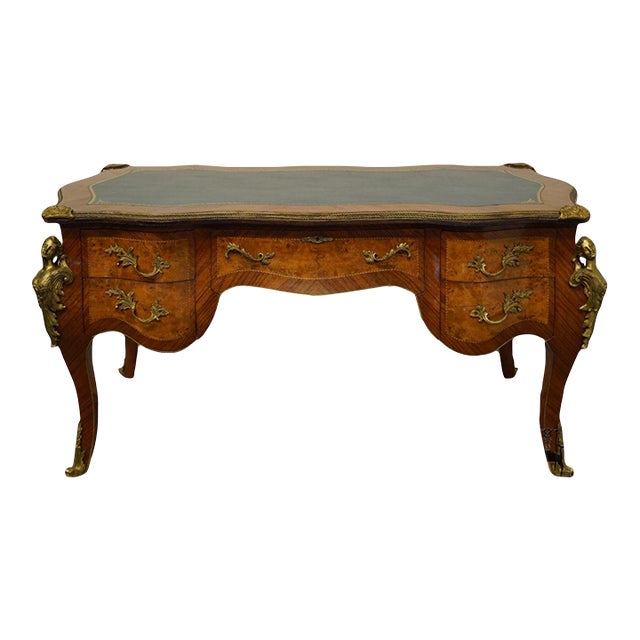 Vintage French Provincial Louis XV Burled Walnut & Kingwood Bureau Plat / Executive Desk W. Tooled Leather Top & Gilt Figural Mounts For Sale