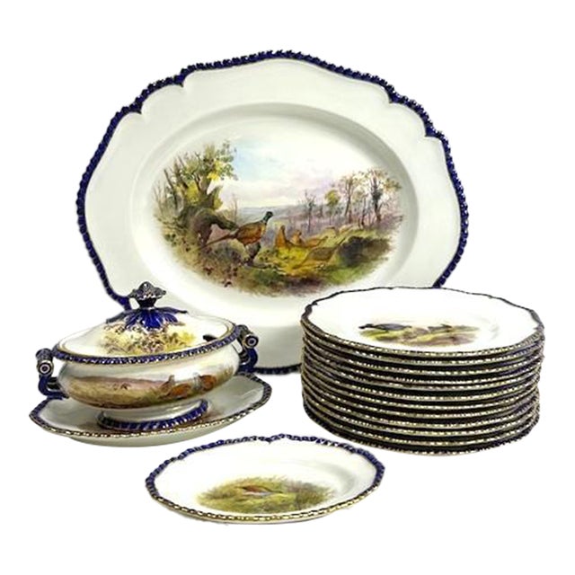 Antique Royal Worcester 1898 George Johnson Hand Painted Game Bird China- 17 Pieces For Sale