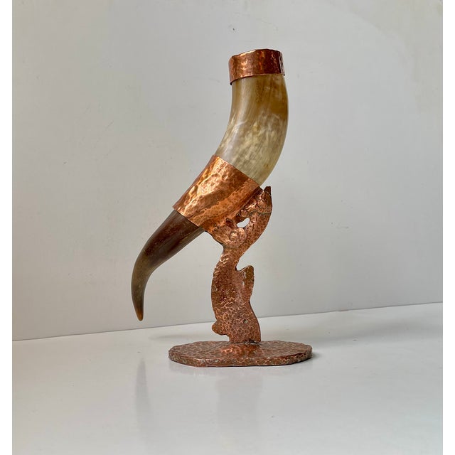 Vintage Viking Drinking Horn on Sculptural Copper Stand, 1920s For Sale - Image 4 of 11