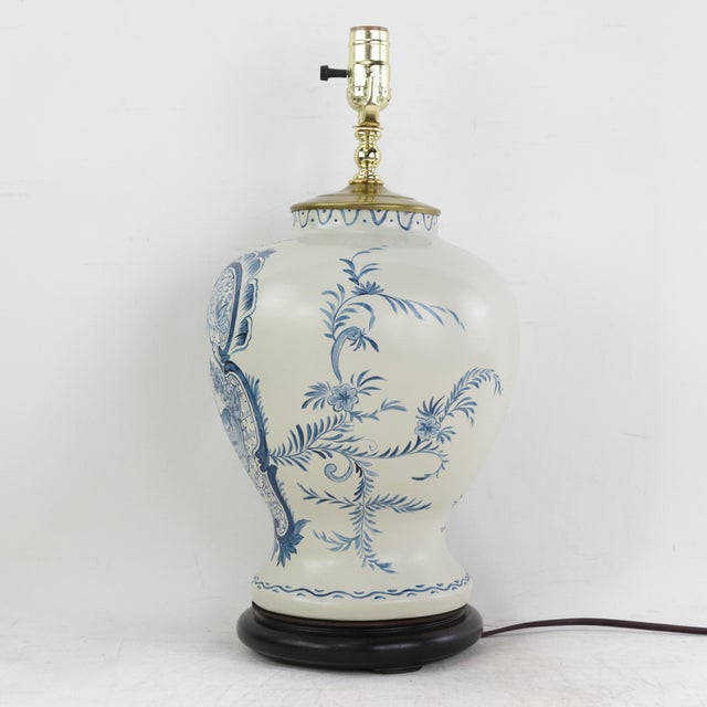 Pair of Vintage Hand Painted Blue and Cream Ceramic Table Lamps With Deer and Floral Folk Art Design For Sale In New York - Image 6 of 14