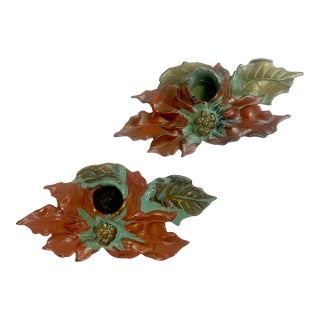 1922 Antique Boho Chic Americana Cast Iron Poinsettia Candle Holders - A Pair, Christmas For Sale