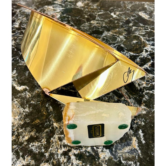Brass Signed Mario Jason Brass/Copper Double Sail, Sailboat Sculpture on an Onyx Base, C1970’s For Sale - Image 8 of 12