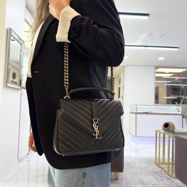 Modern Saint Laurent College Medium Black Quilted Leather Top Handle Crossbody Bag For Sale - Image 3 of 11