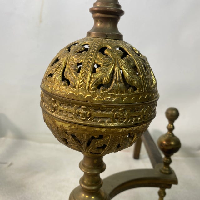 Antique Pair Quality Gold Gilt Brass Pierced Floral Design Andirons For Sale - Image 4 of 11