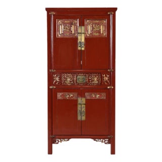 Ornately Carved Asian Modern Red Lacquer Gilt Gold Armoire With Brass Hardware For Sale