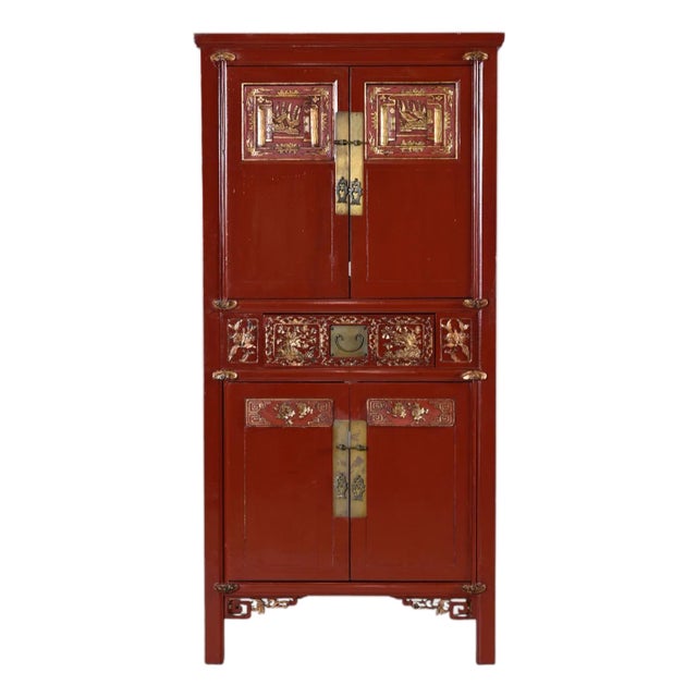 Ornately Carved Asian Modern Red Lacquer Gilt Gold Armoire With Brass Hardware For Sale