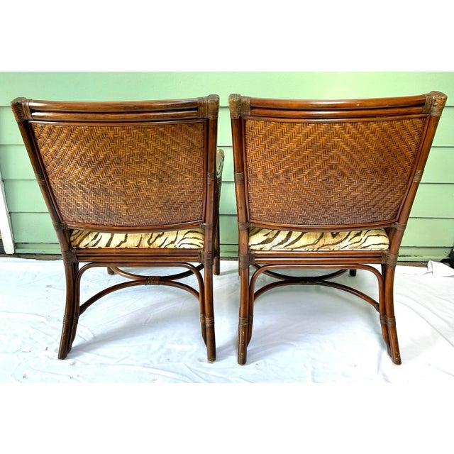 1990s Vintage Bamboo & Rattan Arm Chairs – Pair of Wicker Dining or Accent Chairs With Upholstered Seats For Sale - Image 5 of 12