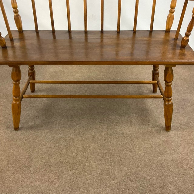 Burnt Umber 1970s Vintage Arts & Crafts Windsor Spindle Back Pine Bench. For Sale - Image 8 of 12