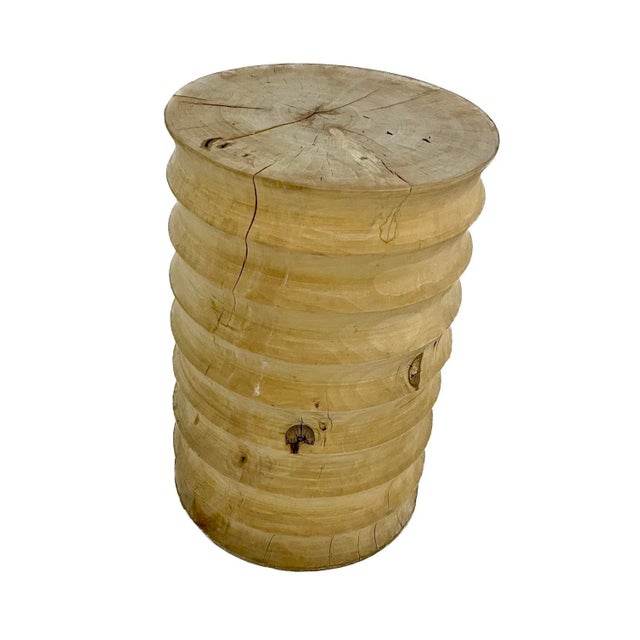 Vintage round pine horizontal fluted carved spool style side table. No maker's marks.