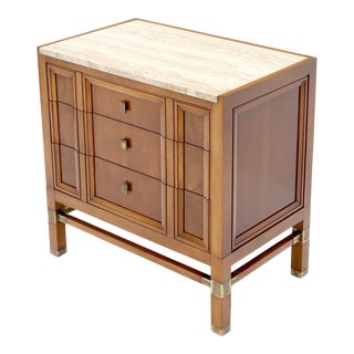 Travertine Top Three Drawers Bachelors Chest with Brass Pulls and Accents For Sale