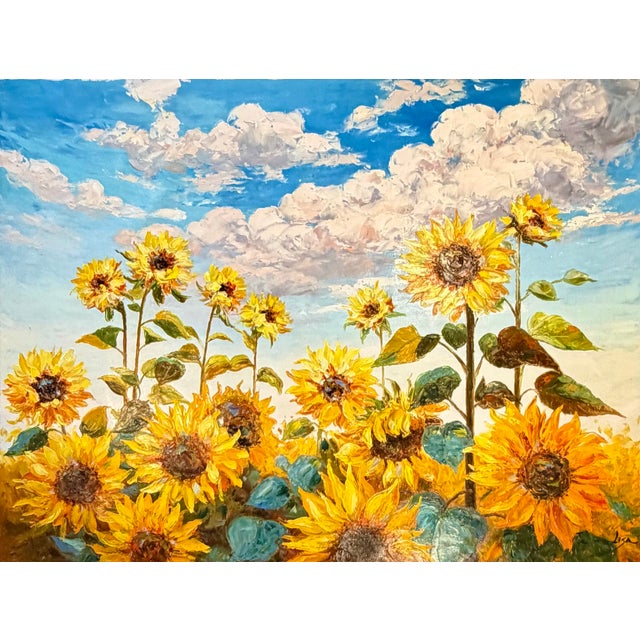 A radiant, textured original oil painting capturing a sun-drenched field of sunflowers beneath billowing summer clouds....